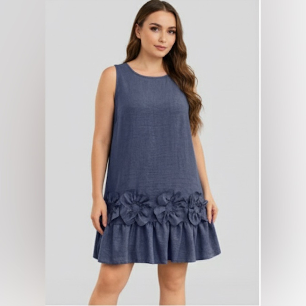 LAST ONE 🔥 Sleeveless Ruffle Hem Sheath Dress With Floral Design Blue